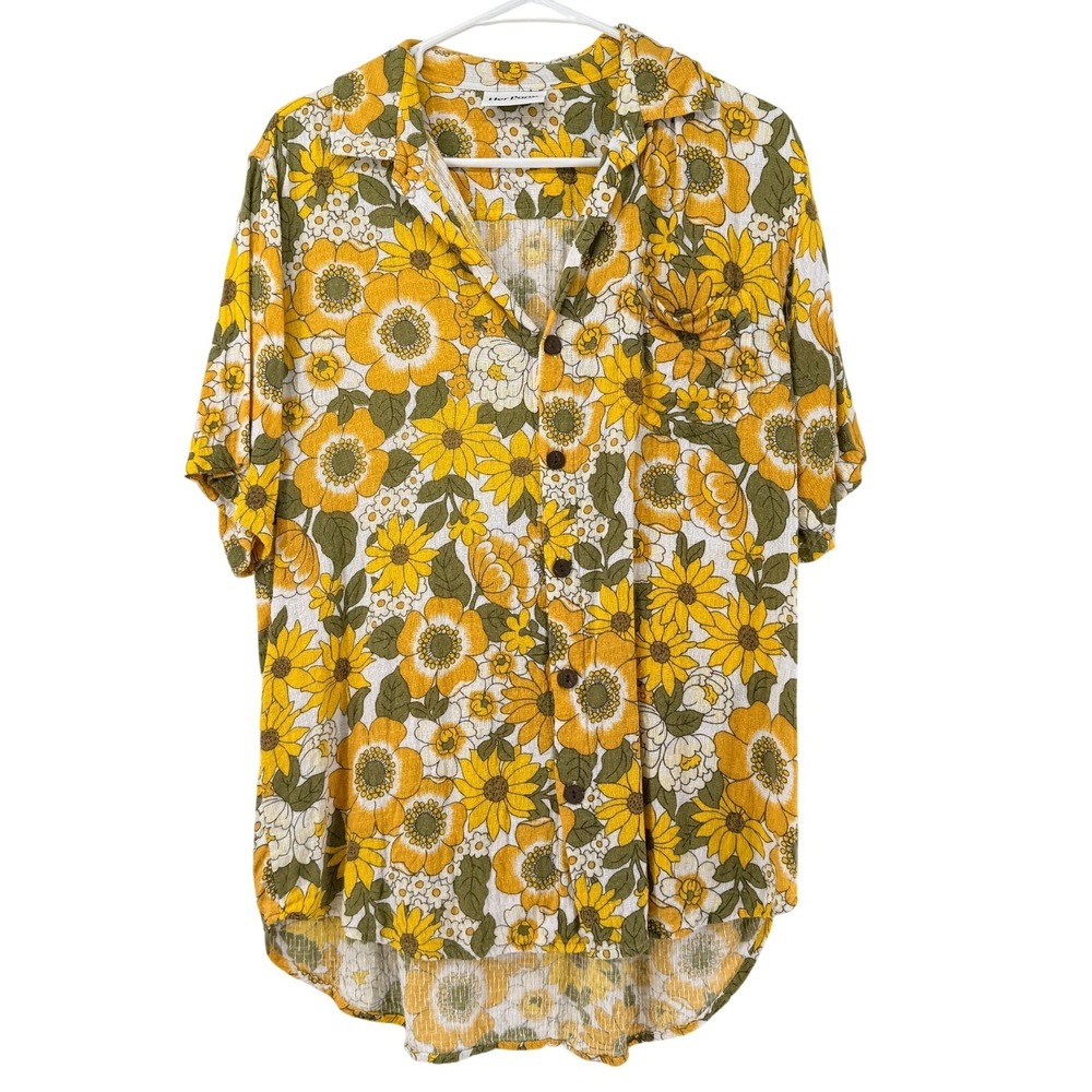 Her Pony Womens Floral Button Up Blouse XL Yellow Green Retro Boho Rayon Shirt